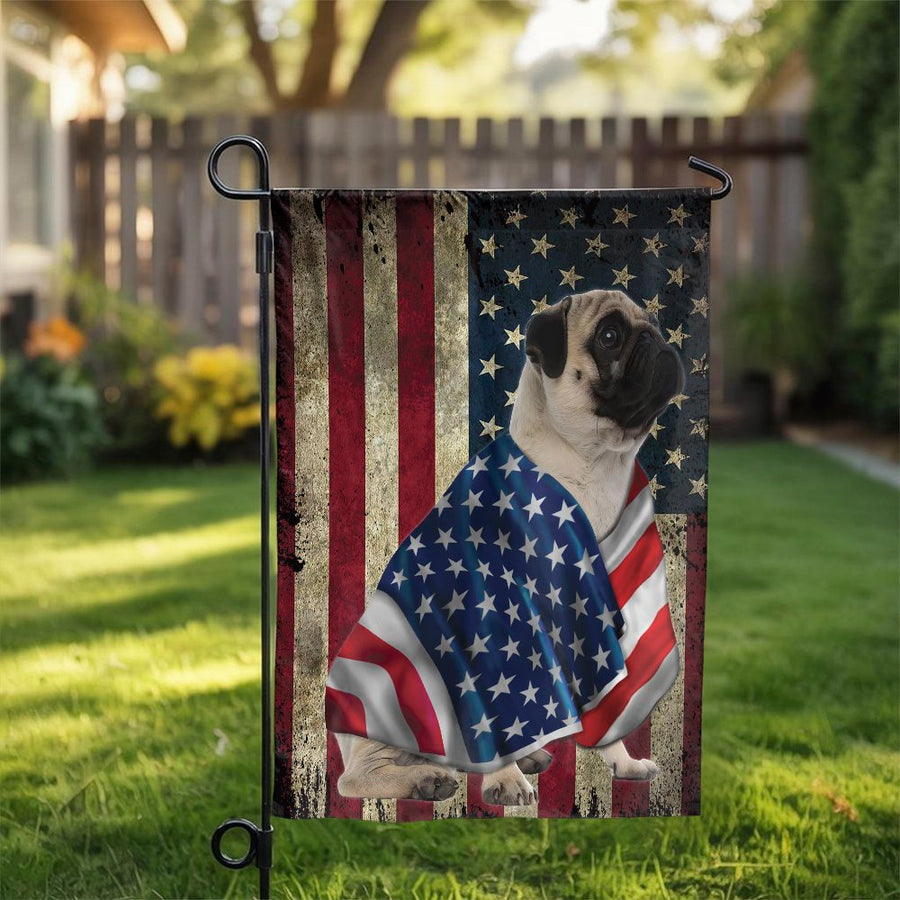 Patriotic Pug Garden Flag | Vintage American Flag Design | Weather Resistant Outdoor Decor | Gift for Pug Owner