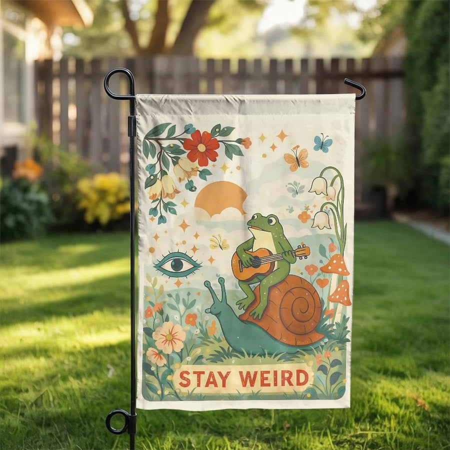 Stay Weird Frog Garden Flag | Retro Frog Playing Guitar on Snail | Weather-Resistant Double Sided Banner | Funny Yard Decor Gift for Gardener