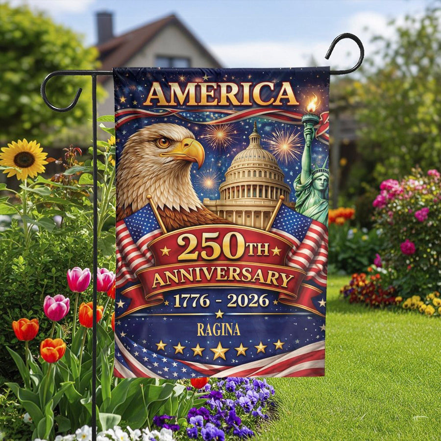 America 250th Anniversary Garden Flag | Patriotic Eagle & Landmarks Decor | Premium Weather-Resistant Fabric | USA Semiquincentennial Collector's Gift