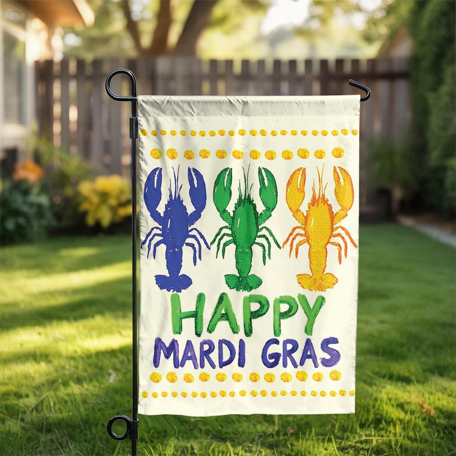 Mardi Gras Garden Flag | Colorful Crawfish Trio Print | Weather Resistant Double Sided Fabric | New Orleans Themed Outdoor Decor Gift
