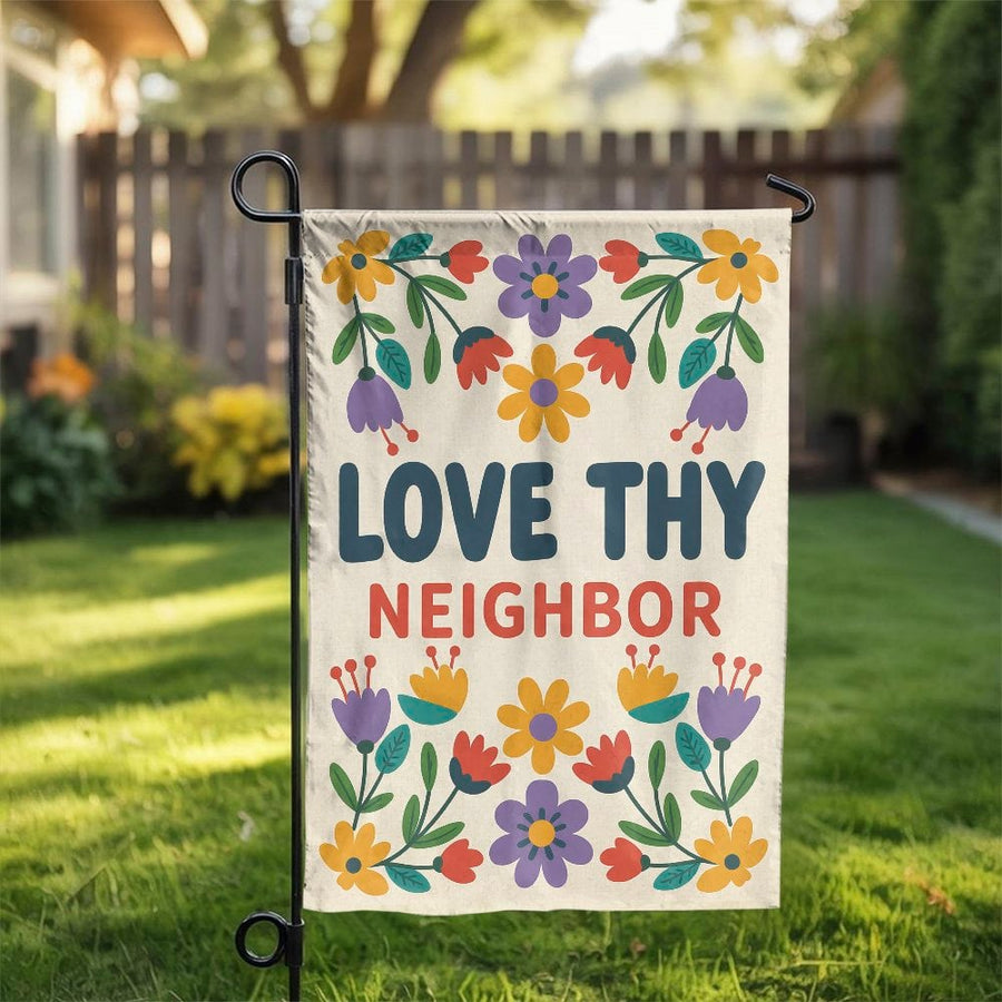 Love Thy Neighbor Garden Flag | Retro Floral Design | Premium Weather-Resistant Polyester | Welcome Yard Decor for Home & Patio