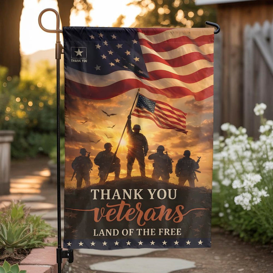Thank You Veterans Garden Flag | American Flag Soldier Silhouette | Double Sided Weather Resistant | Patriotic Military Yard Decor Gift