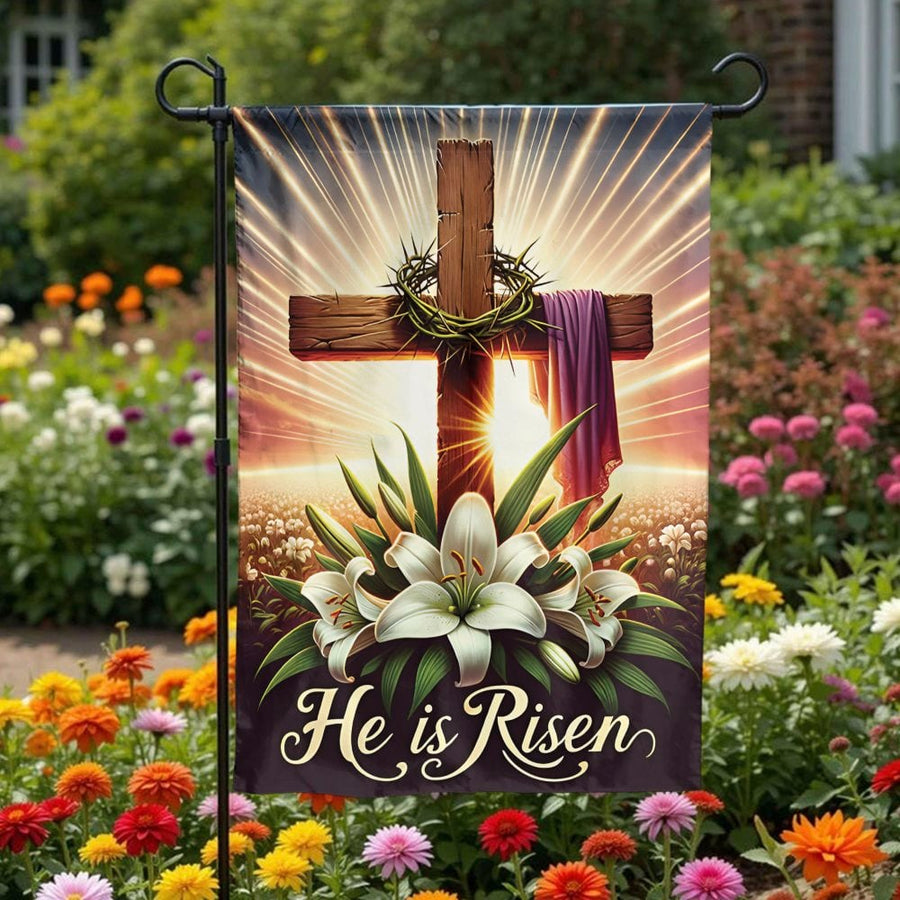 He is Risen Garden Flag | Christian Cross with Lilies Art | Premium Double Sided Polyester | Religious Easter Outdoor Decor Gift
