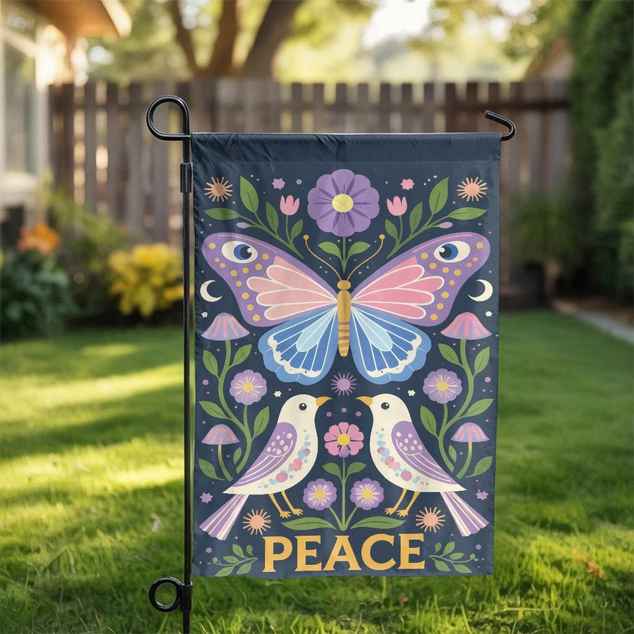 Peace Garden Flag | Boho Butterfly & Birds Folk Art Design | Weather Resistant Polyester | Outdoor Yard & Patio Decor Gift