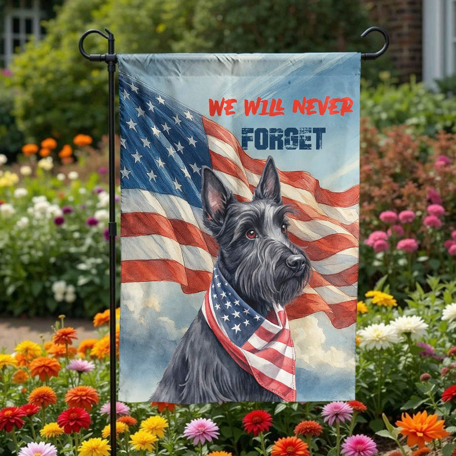 Patriotic Scottie Dog Garden Flag | We Will Never Forget USA Flag Design | Double-Sided Weather-Resistant Fabric | Memorial Day Gift for Dog Owner