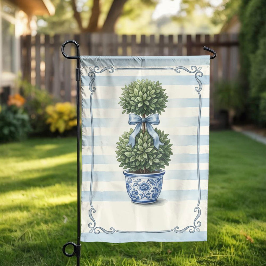 Topiary Garden Flag | Blue and White Topiary in Chinoiserie Pot | Double Sided Polyester Yard Banner | Premium Porch & Patio Decor Gift