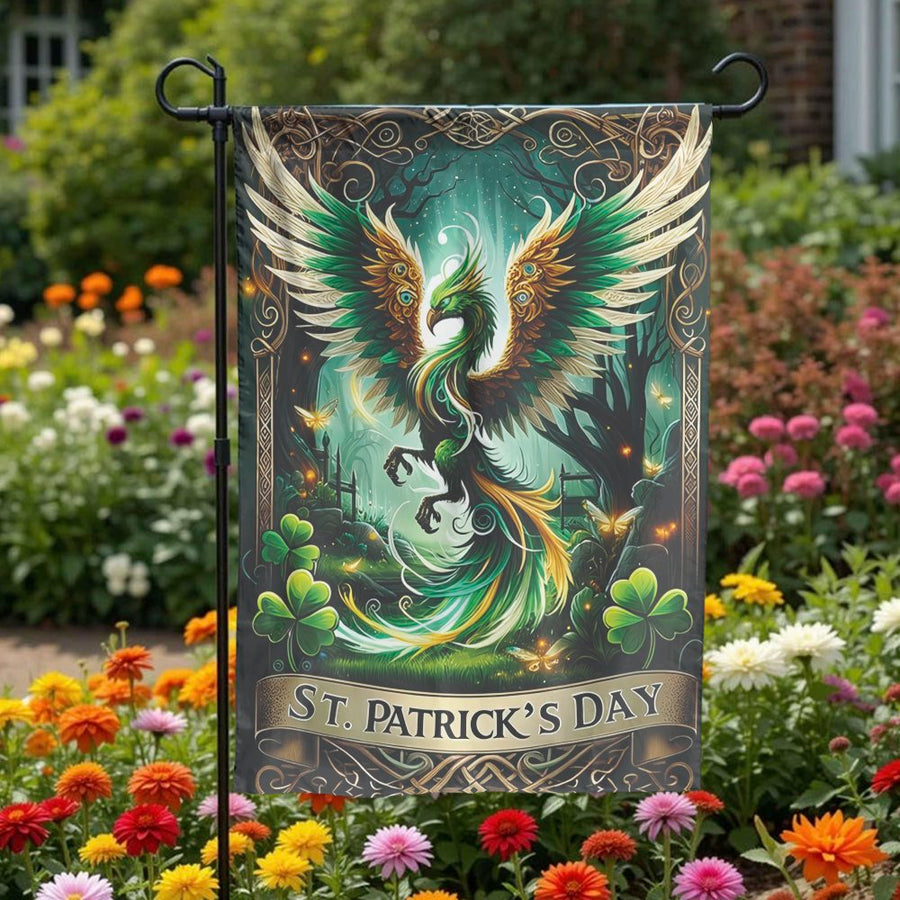 St. Patrick's Day Garden Flag | Mythical Irish Phoenix & Shamrock Art | Premium Double Sided Fabric | Seasonal Celtic Yard Decor Gift