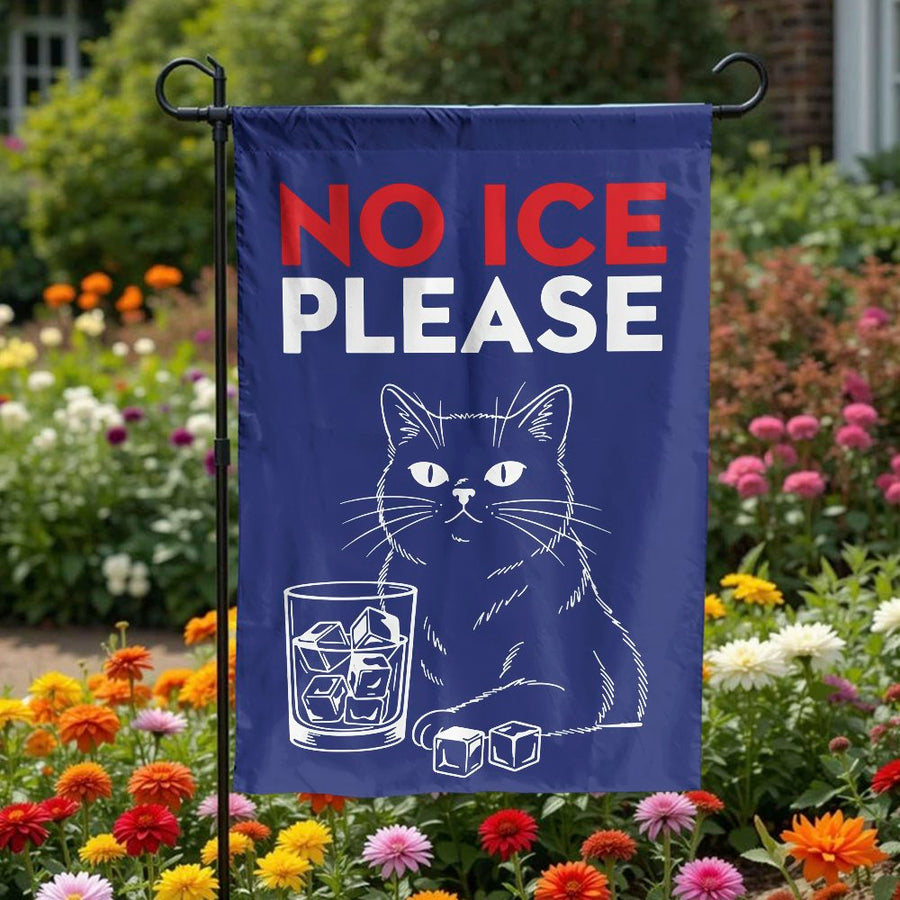 Funny Cat Garden Flag | 'No Ice Please' Whiskey Cat Design | Double Sided Polyester | Unique Outdoor Decor Gift for Cat Lovers