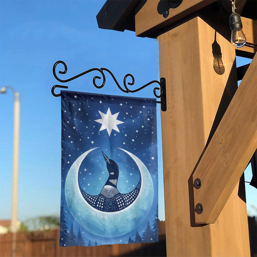 Celestial Loon Garden Flag | Loon on Crescent Moon Art | Weather-Resistant Polyester | Premium Outdoor Yard Decor Gift for Bird Lovers