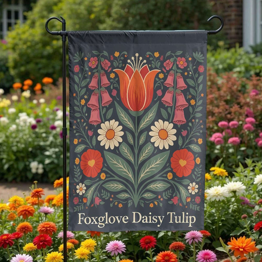 Folk Art Floral Garden Flag | Double Sided Foxglove Daisy Tulip Print | Weather-Resistant Polyester | Outdoor Yard Decor Gift for Gardeners