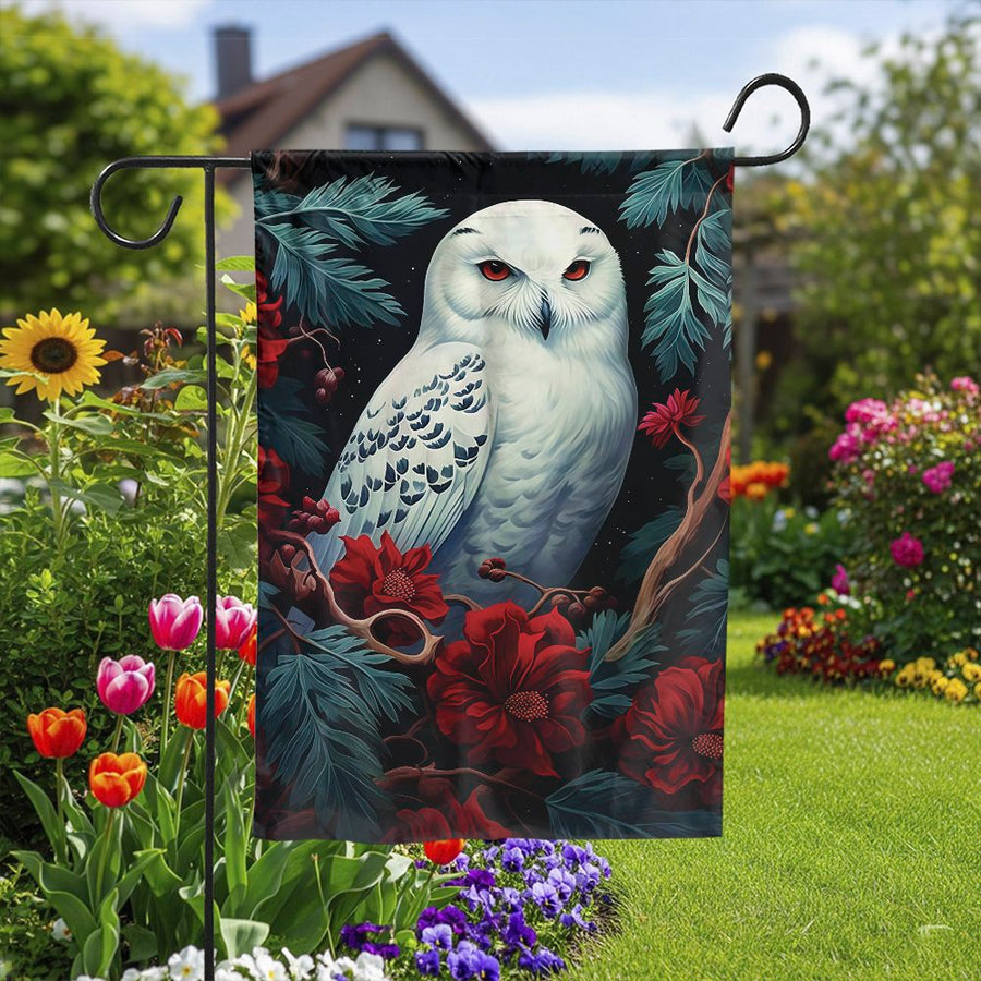 Majestic Snowy Owl Garden Flag | Winter Bird with Red Flowers | Double Sided Weather Resistant Fabric | Premium Yard Decor for Nature Lovers