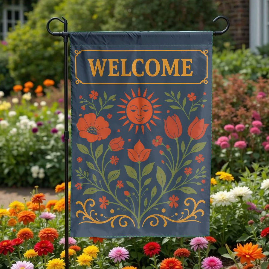 Welcome Garden Flag | Retro Floral Sun Design | Double Sided Polyester | Seasonal Yard Decor for Home & Patio
