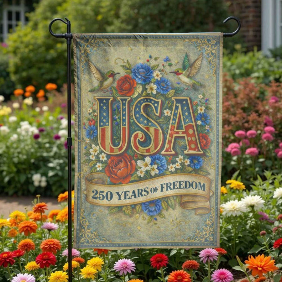 250th Anniversary USA Garden Flag | Vintage Floral American Art with Hummingbirds | Double Sided Weather Resistant Polyester | Patriotic Yard Decor Gift