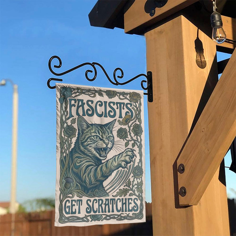 Anti-Fascist Cat Garden Flag | Fascists Get Scratches Art Nouveau Design | Double Sided Weatherproof Polyester | Gift for Activist & Yard Protest Sign
