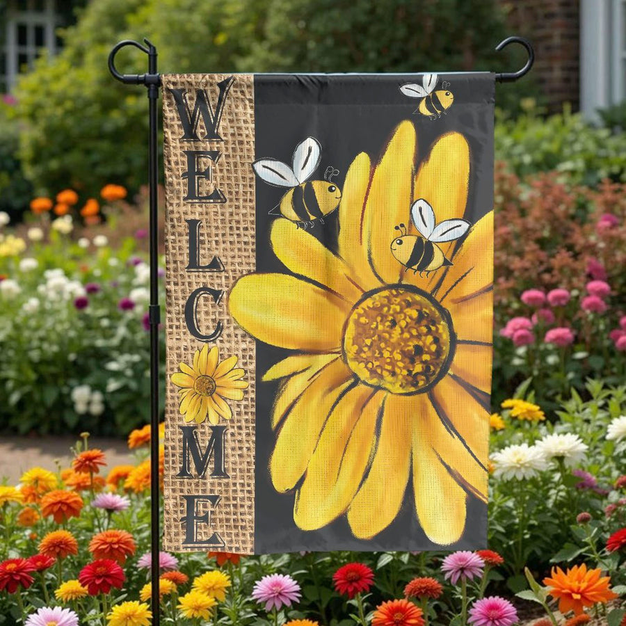 Welcome Sunflower Garden Flag | Rustic Bee & Burlap Print | Double Sided Polyester | Spring Summer Yard & Patio Decoration