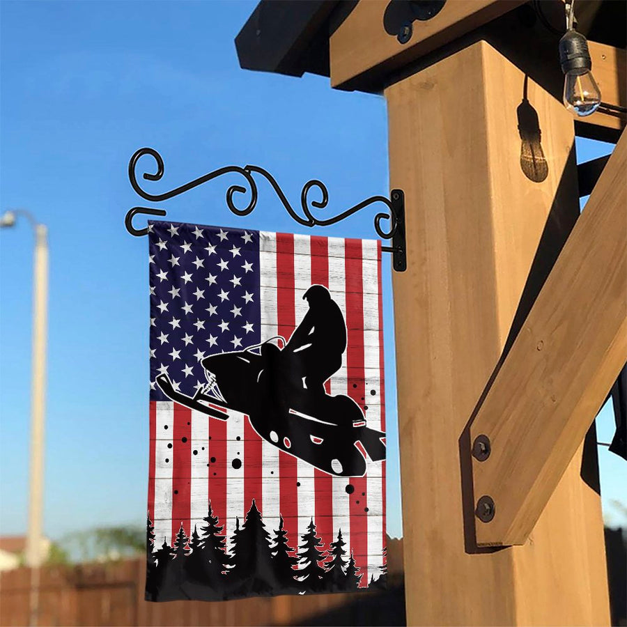 Snowmobile American Flag Garden Flag | Rustic USA Winter Sports Decor | Double-Sided Polyester Print | Outdoor Yard Gift for Snowmobilers