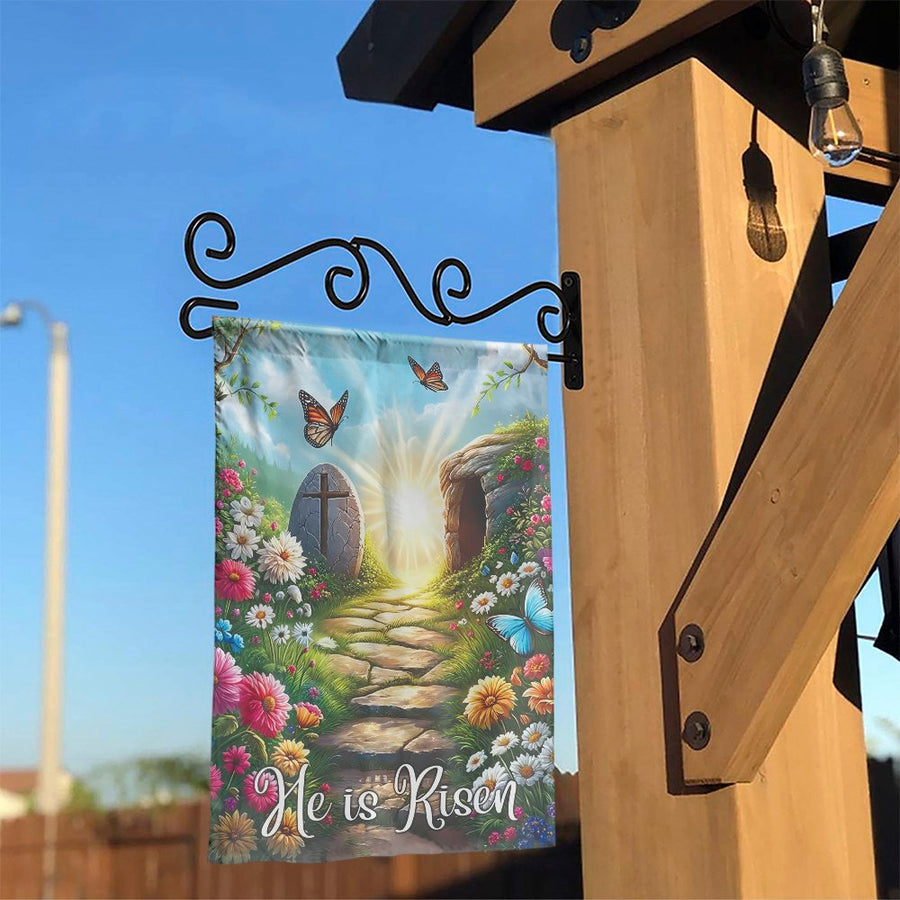 He Is Risen Garden Flag | Christian Empty Tomb Scene with Cross | Double Sided Polyester | Religious Easter Yard Decor Gift