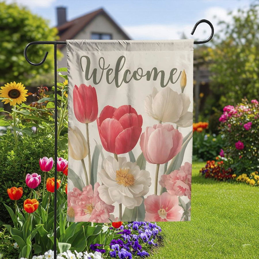 Welcome Garden Flag | Vintage Tulip and Peony Illustration | Double Sided Premium Fabric | Spring Porch Decor Gift for Homeowners