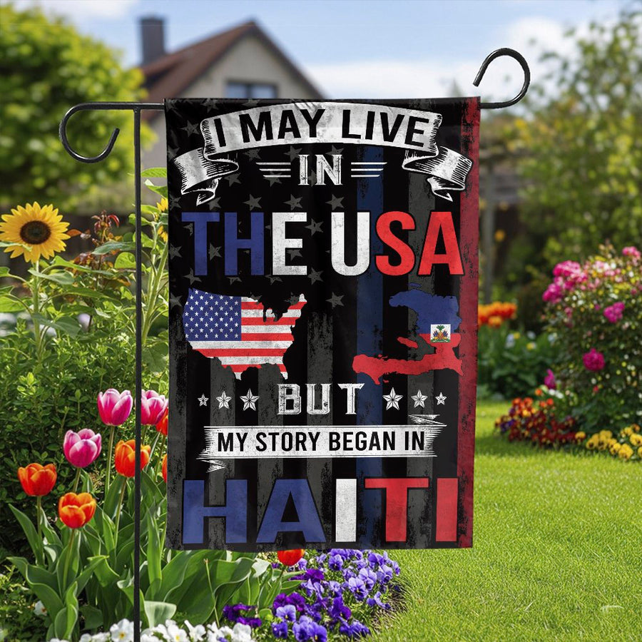 Haitian American Heritage Garden Flag | My Story Began In Haiti Quote | Double Sided Weatherproof Fabric | Patriotic Yard Decor Gift