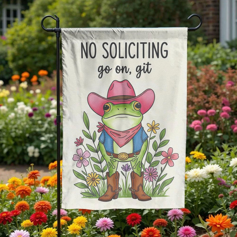 No Soliciting Garden Flag | Funny Cowboy Frog Outdoor Sign | Weather-Resistant Polyester | Farmhouse Porch Decor Gift
