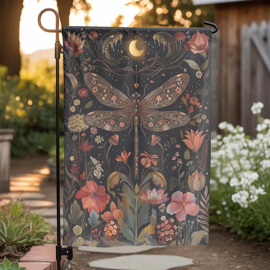 Mystical Dragonfly Garden Flag | Boho Floral Moon Illustration | Double Sided Weather Resistant | Outdoor Yard & Patio Decor Gift