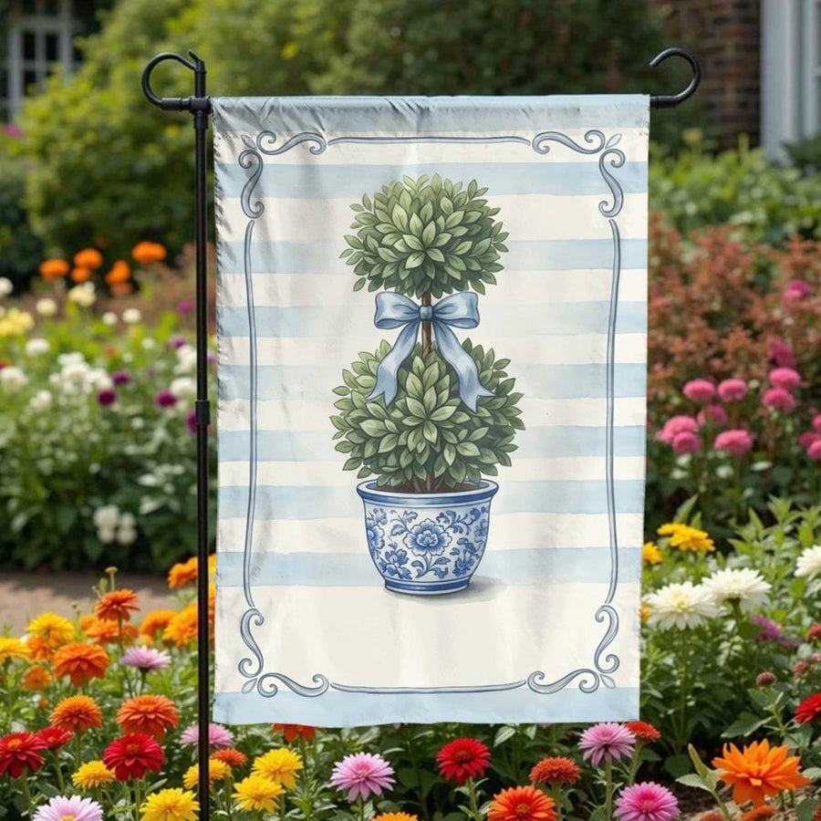 Topiary Garden Flag | Blue and White Topiary in Chinoiserie Pot | Double Sided Polyester Yard Banner | Premium Porch & Patio Decor Gift