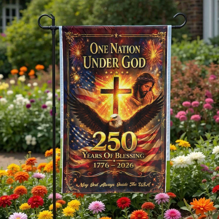 250th Anniversary Garden Flag | One Nation Under God with Jesus & Eagle | Double-Sided Polyester | Commemorative Christian Patriotic Yard Decor