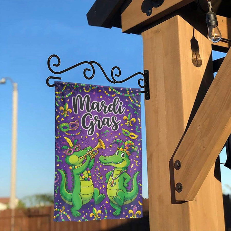 Mardi Gras Garden Flag | Cartoon Alligator Parade Banner | Weather Resistant & Double Sided | Seasonal Outdoor Decor Gift