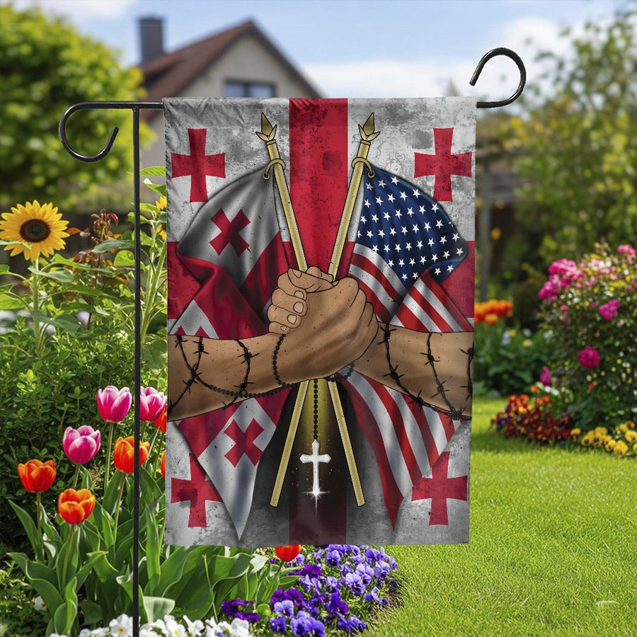Georgian American Friendship Garden Flag | USA & Georgia Flags Handshake | Premium Weather Resistant Polyester | Patriotic Outdoor Decor Gift