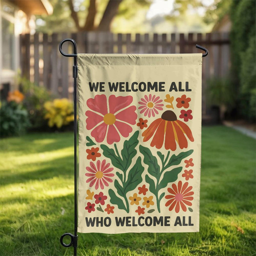 We Welcome All Garden Flag | Retro Floral Wildflower Design | Double Sided Weather Resistant | Inclusive Home & Yard Decor Gift