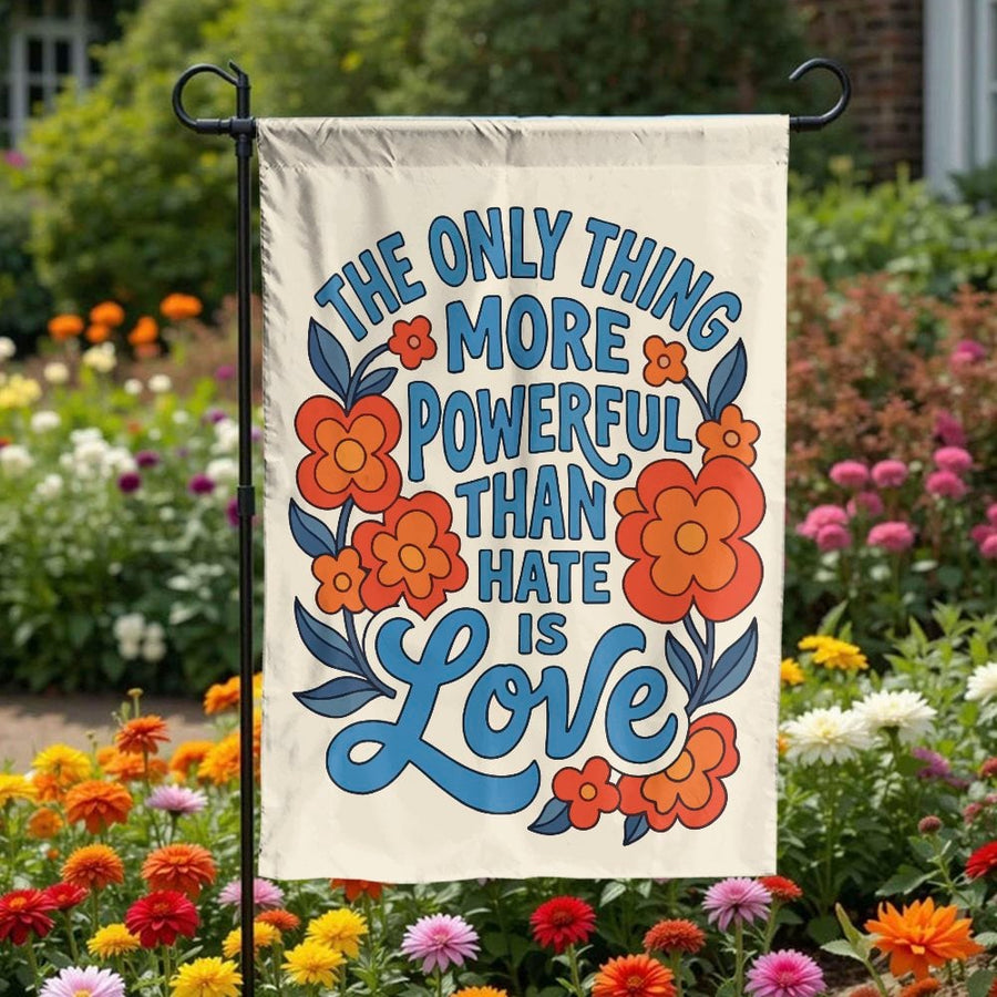 Retro Floral Garden Flag | 70s Groovy Love is Powerful Quote | Double Sided Polyester | Inspirational Yard Decor Gift for Home