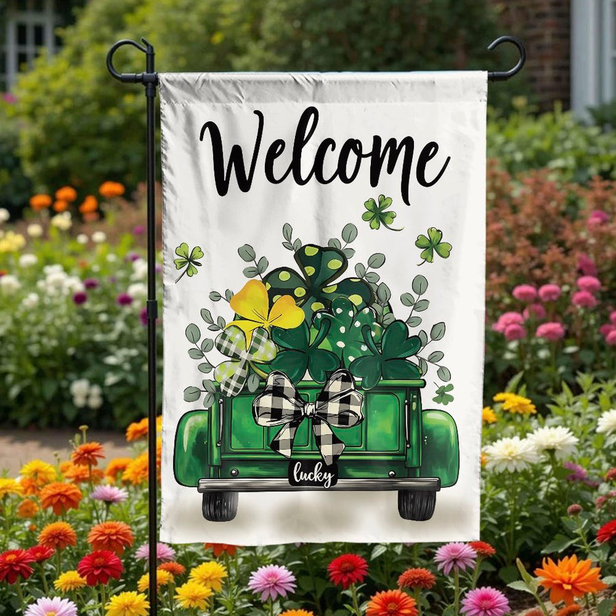 St Patricks Day Garden Flag | Welcome Lucky Shamrock Truck Design | Double Sided Weather Resistant | Seasonal Farmhouse Yard Decor Gift
