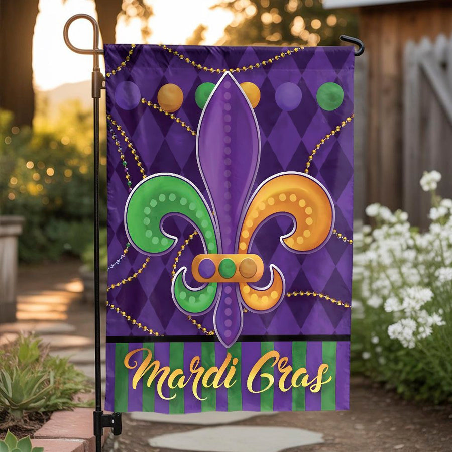 Mardi Gras Garden Flag | Fleur De Lis Double-Sided Print | Weather-Resistant Polyester Banner | Seasonal New Orleans Yard Decor Gift