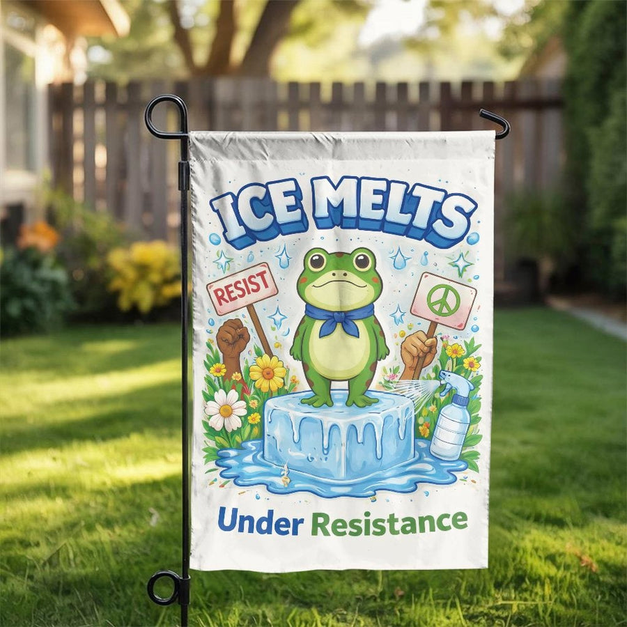 Activist Frog Garden Flag | 'Ice Melts Under Resistance' Political Cartoon | Double-Sided Polyester | Unique Yard Art Gift for Protestors