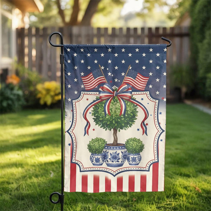 Patriotic Garden Flag | Watercolor Topiary with USA Flags | Premium Double Sided Polyester | 4th of July Memorial Day Yard Decor