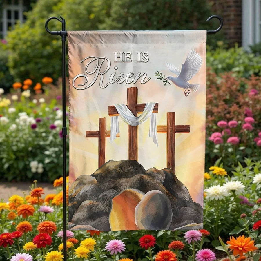 He Is Risen Easter Garden Flag | Christian Three Crosses Scene | Premium Weather-Resistant Fabric | Religious Faith-Based Yard Decor Gift
