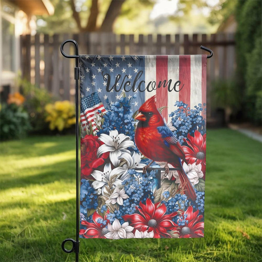 Patriotic Cardinal Garden Flag | Welcome Sign with American Flag and Florals | Double-Sided Weather-Resistant Polyester | Premium Outdoor Yard Decor Gift