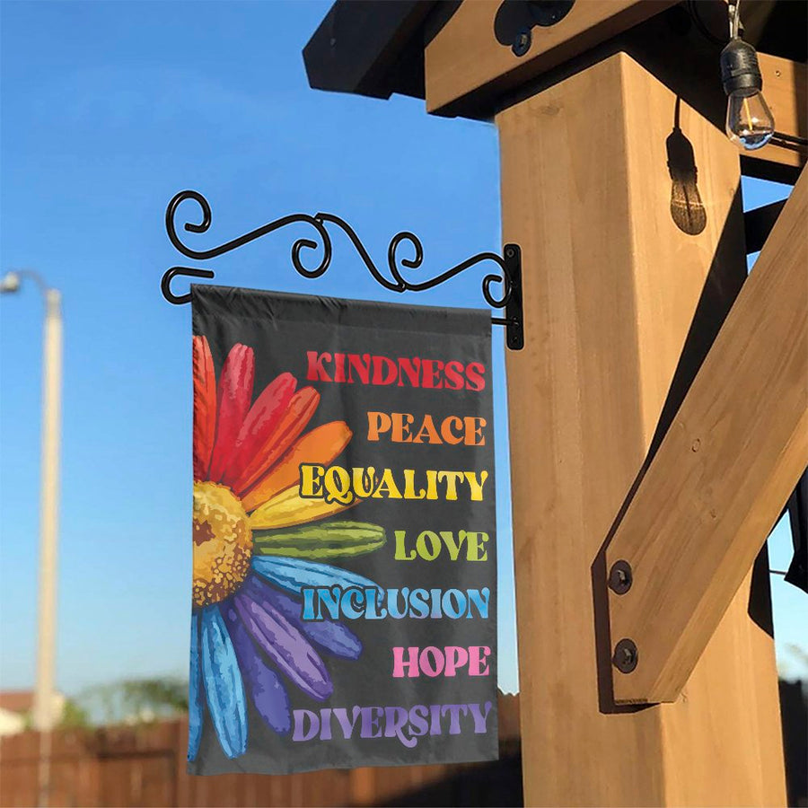 Kindness Peace Equality Garden Flag | Rainbow Daisy Pride Decor | Premium Weather-Resistant Polyester | LGBTQ Ally Yard Art Gift