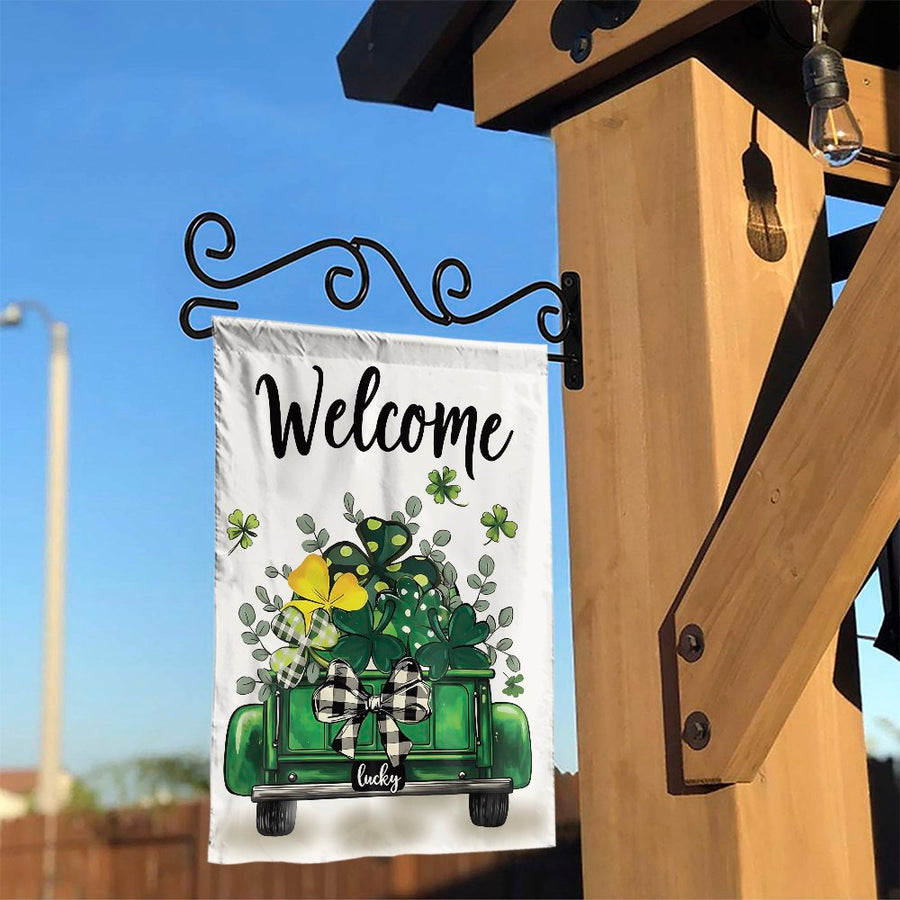 St Patricks Day Garden Flag | Welcome Lucky Shamrock Truck Design | Double Sided Weather Resistant | Seasonal Farmhouse Yard Decor Gift