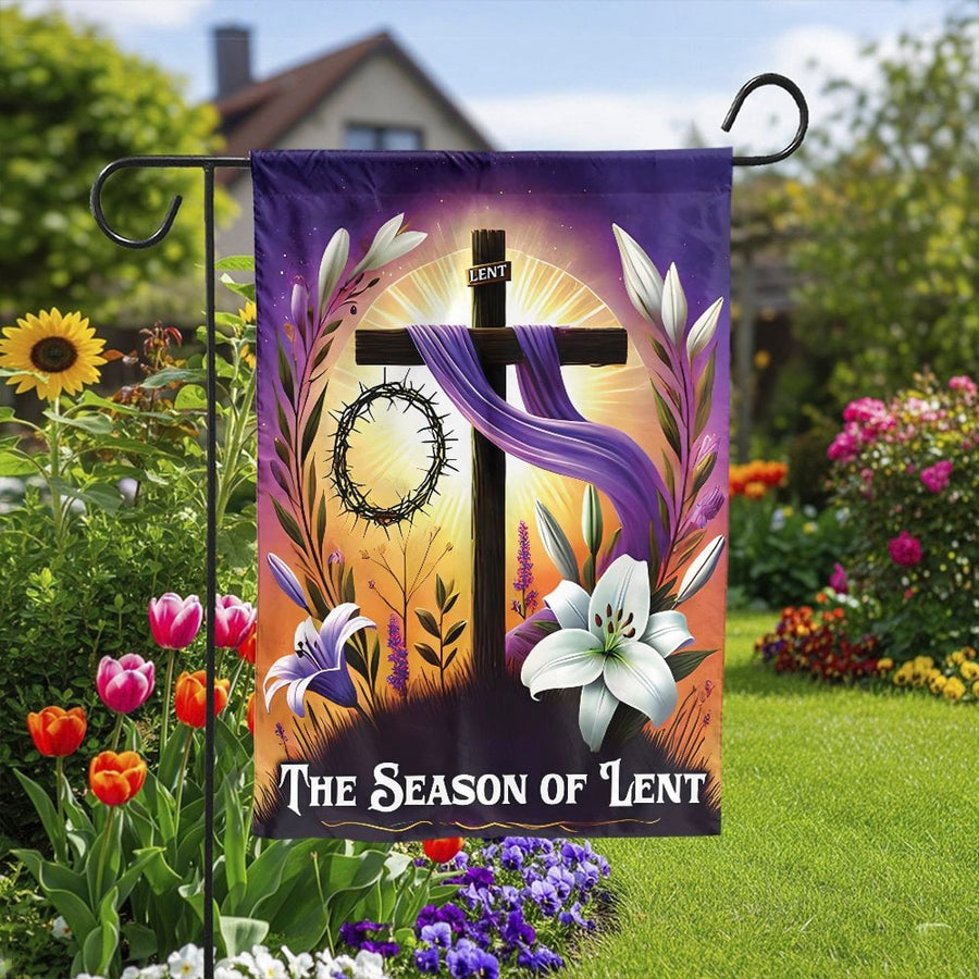 Season of Lent Garden Flag | Christian Cross and Crown of Thorns | Weather-Resistant Double Sided Fabric | Religious Easter Yard Decor Gift