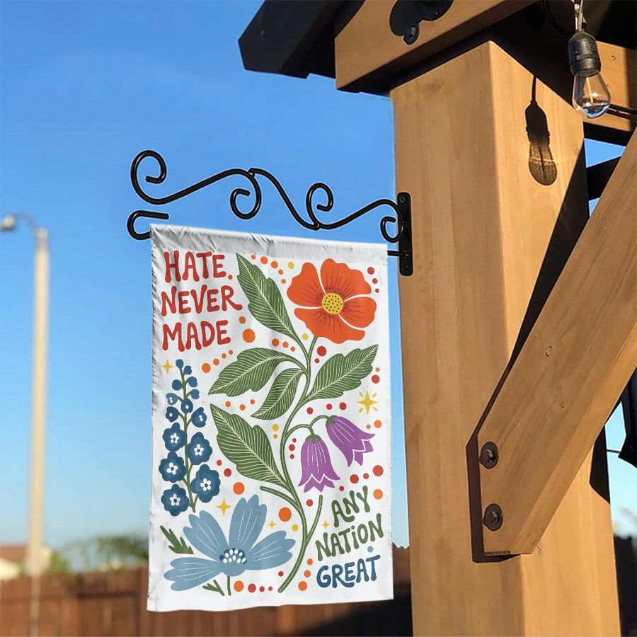 Hate Never Made Any Nation Great Garden Flag | Colorful Retro Floral Art | Weather-Resistant Double Sided Banner | Progressive Yard Decor Gift