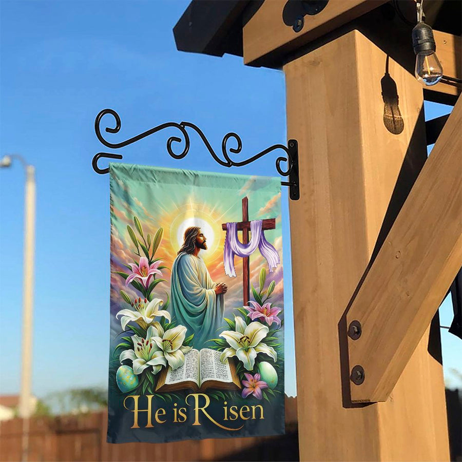 He is Risen Garden Flag | Jesus Resurrection Scene with Lilies | Weather-Resistant Polyester | Christian Outdoor Decor Gift