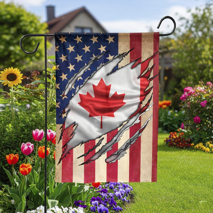 Canadian American Garden Flag | Torn US Flag Heritage Design | Premium Double-Sided Polyester | Patriotic Yard Decor for Dual Citizens