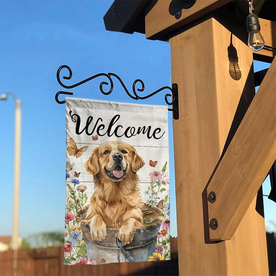 Golden Retriever Welcome Garden Flag | Rustic Floral Art with Butterflies | Double Sided Weather Resistant Fabric | Outdoor Yard Decor Gift for Dog Lovers