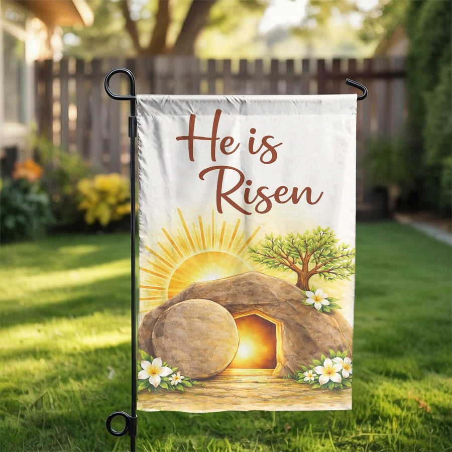 He is Risen Garden Flag | Christian Easter Empty Tomb Scene | Double Sided Polyester | Religious Holiday Yard Decor Gift