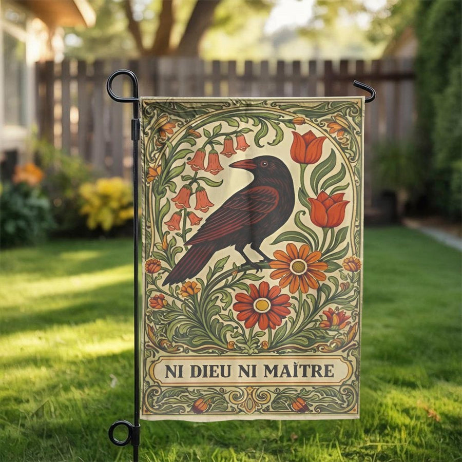 Art Nouveau Crow Garden Flag | Ni Dieu Ni Maître Floral Illustration | Double Sided Weather-Resistant Banner | Gothic Cottagecore Yard Decor
