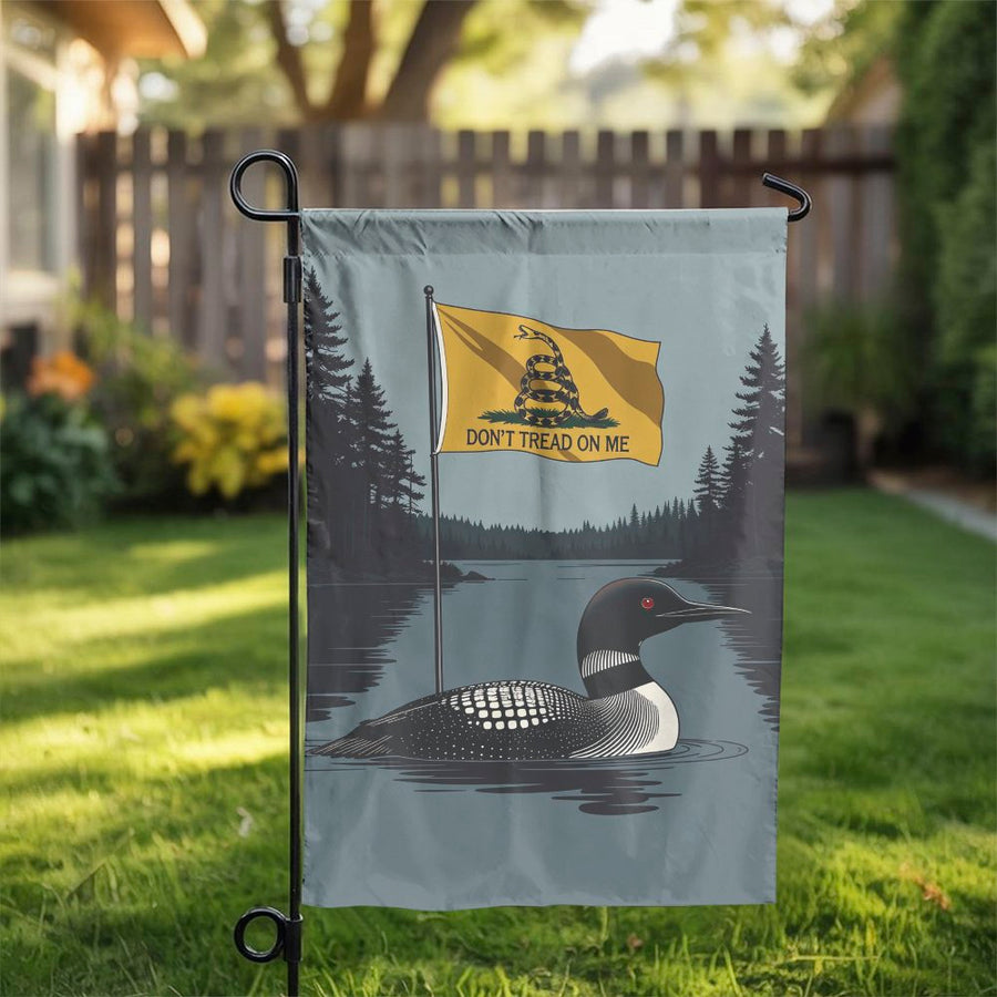 Loon Don't Tread On Me Garden Flag | Minnesota State Bird Gadsden Design | Premium Double Sided Polyester | Patriotic Yard Decor Gift for Libertarians