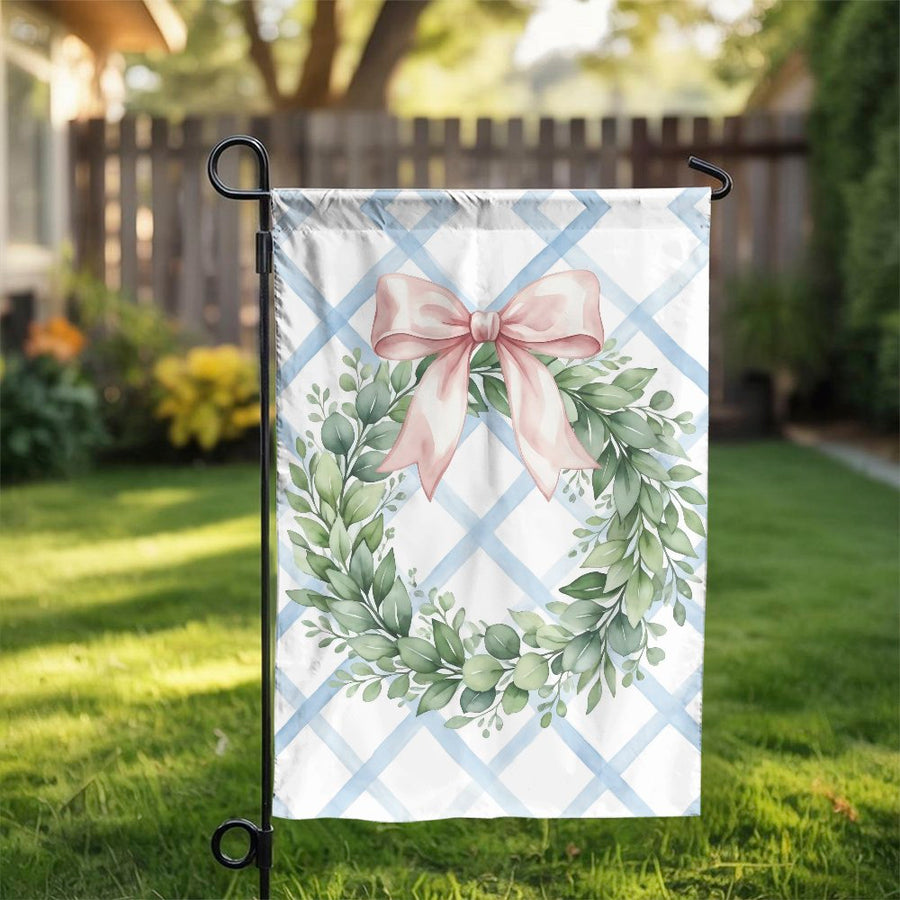 Spring Wreath Garden Flag | Watercolor Eucalyptus & Pink Bow Design | Double Sided Weather Resistant Fabric | Welcome Porch Decor Gift