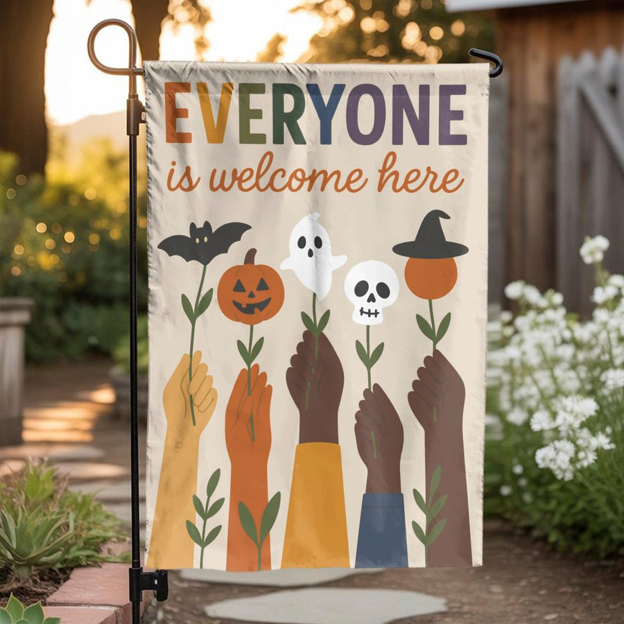 Inclusive Halloween Garden Flag | Everyone is Welcome Here Design | Double Sided Weather Resistant | Seasonal Outdoor Decor Gift for Home