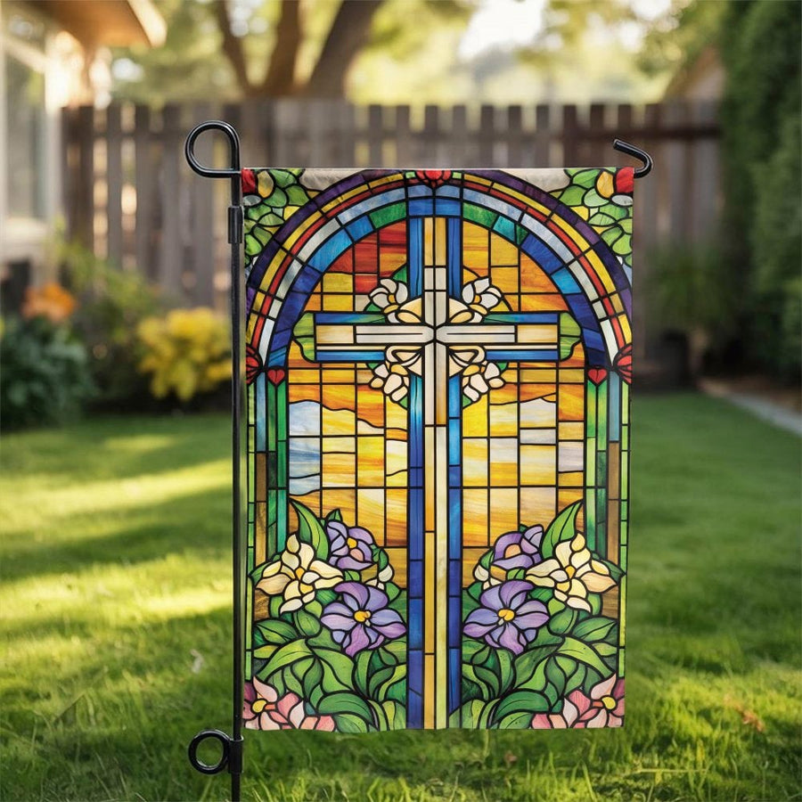 Stained Glass Christian Cross Garden Flag | Vibrant Church Window Art Print | Double-Sided Weather Resistant Fabric | Faith-Based Yard Decor Gift for Easter